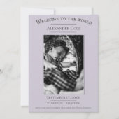 Lavender Minimalist Photo Birth Announement Aankondiging (Voorkant)