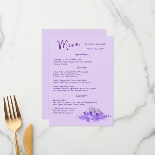Lavender minimalistisch elegant Wedding Menu (Voorkant / Achterkant in situ)