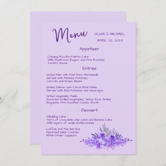 Lavender minimalistisch elegant Wedding Menu (Voorkant / Achterkant)