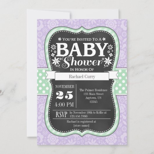 Lavender Mint Chalkboard Floral Baby shower Invite Kaart (Voorkant)