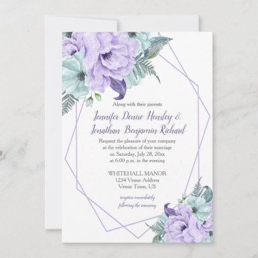 Lavender Mint Paarse Geometrische Waterverf Peonie Kaart (Voorkant)