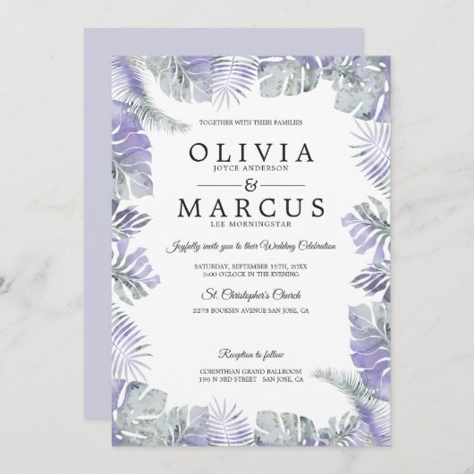Lavender Mist Waterverf Tropical Leaves Wedding Kaart (Voorkant / Achterkant)