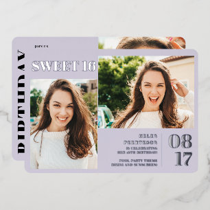 Lavender modern bold 3 foto's Sweet 16 Folie Uitnodiging
