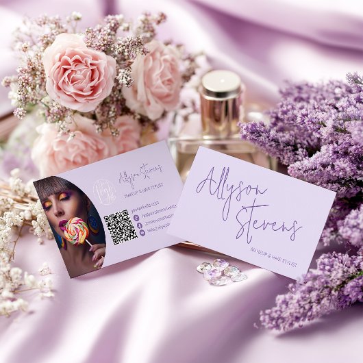 Lavender Modern name script makeup hair logo qr Visitekaartje