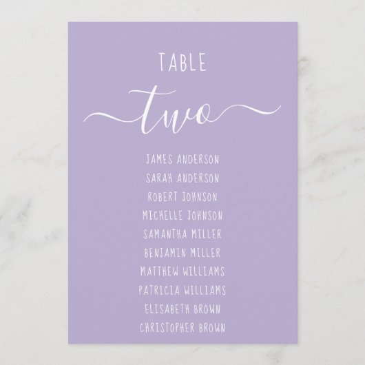 Lavender Modern Script Purple Seating Chart Card (Voorkant)