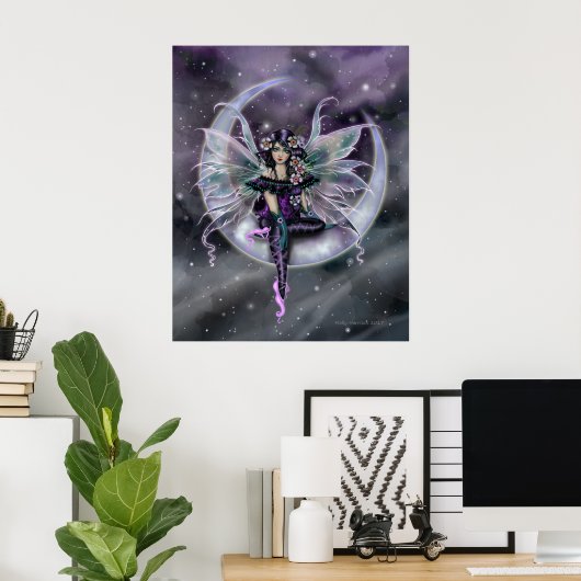 Lavender Moon Fairy over Crescent Moon Fantasy Art Poster (Thuiskantoor)