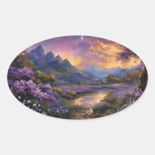 Lavender Mountain Valley bij zonsopgang Ovale Sticker