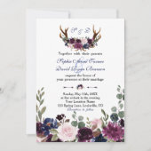 Lavender Navy Blue Floral Bloom Antlers Weddenscha Kaart (Voorkant)