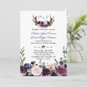 Lavender Navy Blue Floral Bloom Antlers Weddenscha Kaart (Staand voorkant)