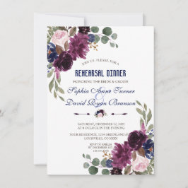 Lavender Navy Blue Floral Bloom Rehearsal Dinner Kaart