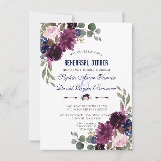 Lavender Navy Blue Floral Bloom Rehearsal Dinner Kaart (Voorkant)