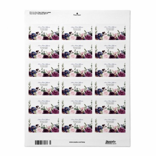 Lavender Navy Blue Floral Bloom Wedding Etiket (Full Sheet)