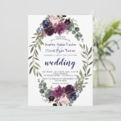 Lavender Navy Blue Floral Bloom Wedding Kaart (Staand voorkant)