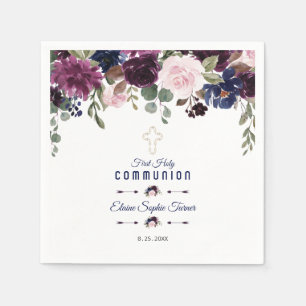 Lavender Navy Blue Floral Bloom Wedding Servet