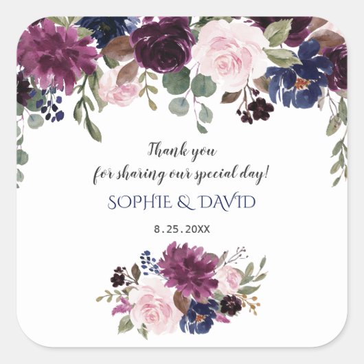 Lavender Navy Blue Floral Bloom Wedding Vierkante Sticker (Voorkant)