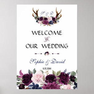 Lavender Navy Blue Floral Bloom Wedding Welcome Poster