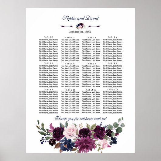 Lavender Navy Blue Floral Wedding Seating Chart Poster (Voorkant)