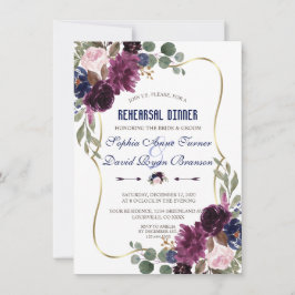 Lavender Navy Gold Floral Bloom Rehearsal Dinner Kaart