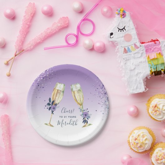 Lavender Ombre Blauwgroen Champagne Toast 21st Bir Papieren Bordje (Feest)