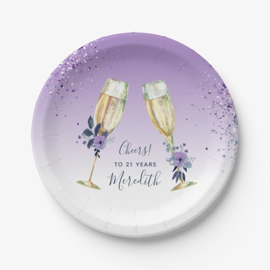 Lavender Ombre Blauwgroen Champagne Toast 21st Bir Papieren Bordje (Voorkant)