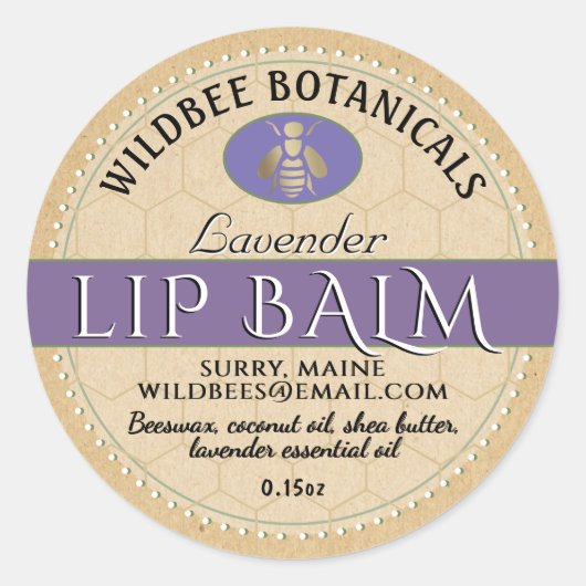 Lavender on Kraft Beeswax Lip Balm Dotted Border Ronde Sticker (Voorkant)