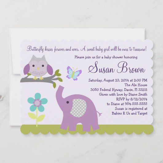 Lavender Owl Elephant Butterfly Baby shower Invite Kaart (Voorkant)