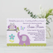 Lavender Owl Elephant Butterfly Baby shower Invite Kaart (Staand voorkant)