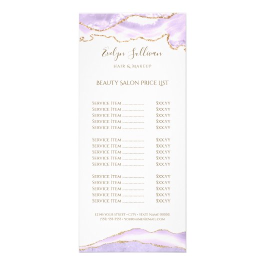 lavender paars agate price list rack reclamekaart (Voorkant)
