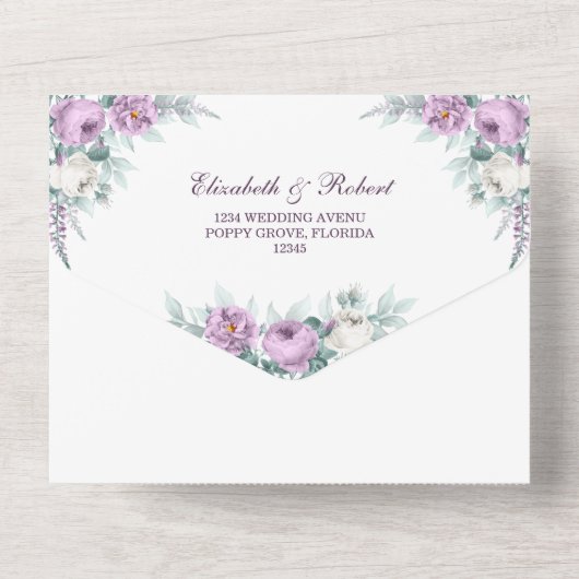 Lavender Paars All in One Wedding Invite All In One Uitnodiging (Achterkant)
