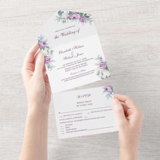 Lavender Paars All in One Wedding Invite All In One Uitnodiging (Afscheurbaar)