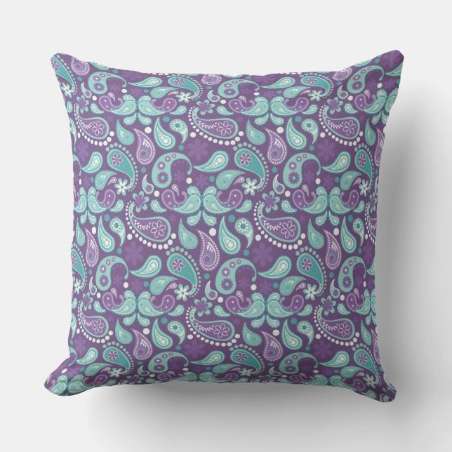 Lavender, Paars, Aqua Mix, Match Floral Paisley Buitenkussen (Voorkant)
