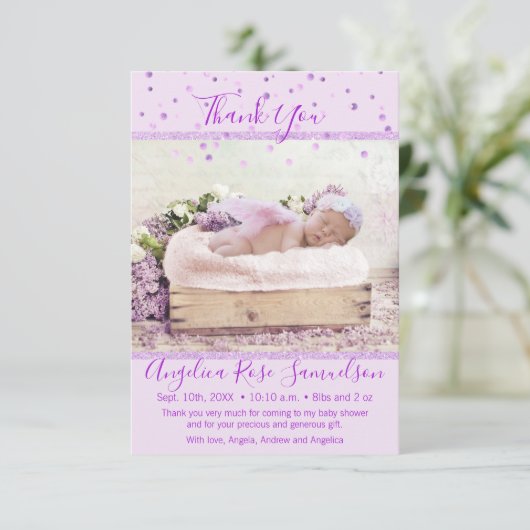 Lavender Paars Baby shower Hartelijk dank | FOTO Bedankkaart (Staand voorkant)