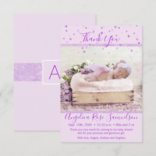 Lavender Paars Baby shower Hartelijk dank | FOTO Bedankkaart (Voorkant / Achterkant)