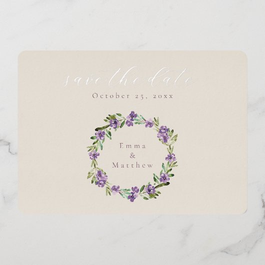 Lavender Paars Botanical Wreatfoto Folie Uitnodiging (Voorkant)