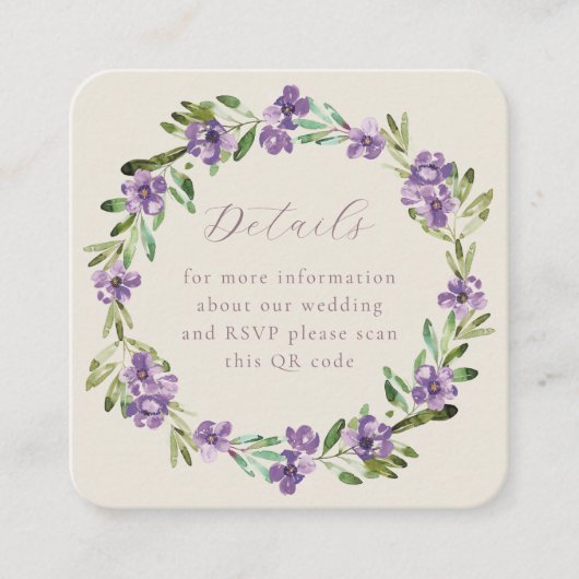 Lavender Paars Botanical Wreath QR Code Weddenscha Informatiekaartje (Voorkant)