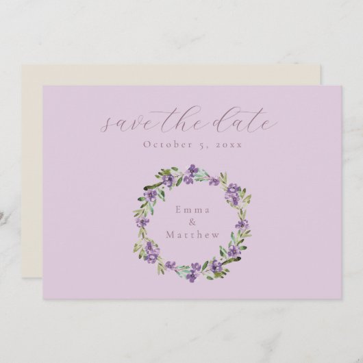 Lavender Paars Botanisch Wreator QR Save The Date (Voorkant / Achterkant)