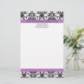 Lavender Paars Damask Black/White Briefpapier (Staand voorkant)