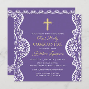 Lavender Paars Elegant Lace First Heilige Communie Kaart
