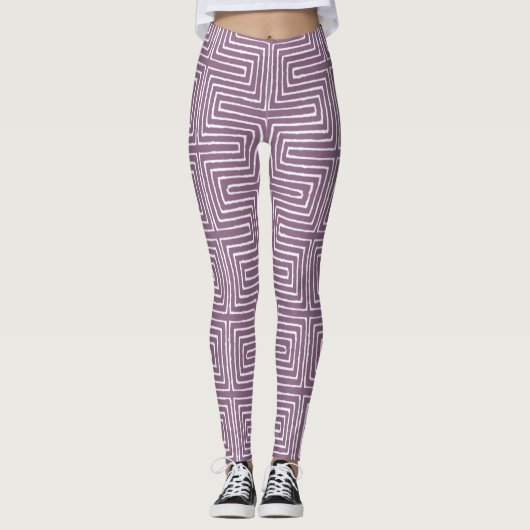 Lavender Paars en White Maze African Mud Cloth Leggings (Voorkant)
