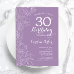 Lavender Paars Floral 30th Birthday Party Kaart<br><div class="desc">Lavender Paars Floral 30th Birthday Party Invitation. Minimalistisch modern ontwerp met botanische contouren en lettertype typografiescript. Eenvoudige trendy nodigt een perfecte kaart uit voor een stijlvolle feestdag in het vrouw. Kan op elke leeftijd worden aangepast. Uitnodigingen op Zazzle afdrukken of sjabloon voor digitaal afdrukken direct downloaden.</div>