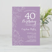Lavender Paars Floral 40th Birthday Party Kaart (Staand voorkant)