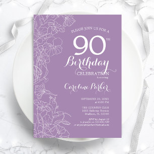 Lavender Paars Floral 90th Birthday Party Kaart