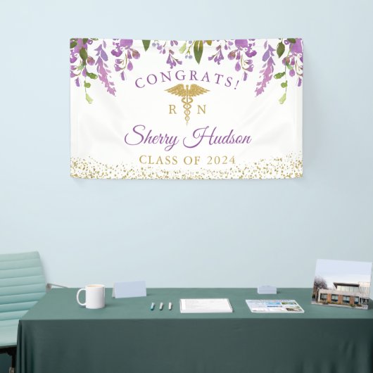 Lavender Paars Floral Gold RN Nursing Afstuderen Spandoek (Beurs)