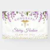 Lavender Paars Floral Gold RN Nursing Afstuderen Spandoek (Horizontaal)