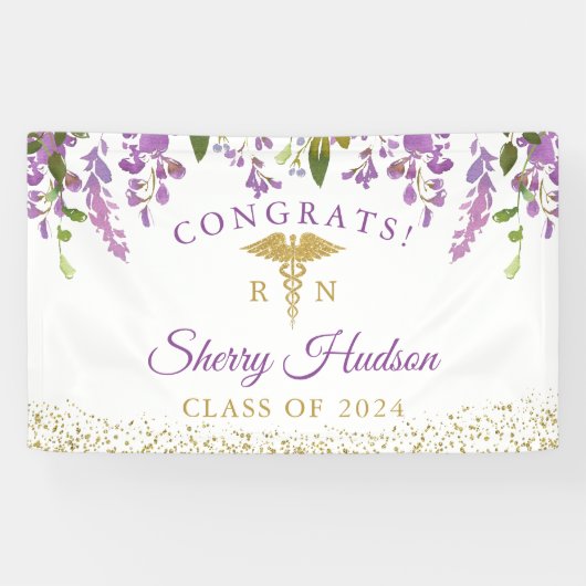 Lavender Paars Floral Gold RN Nursing Afstuderen Spandoek (Horizontaal)
