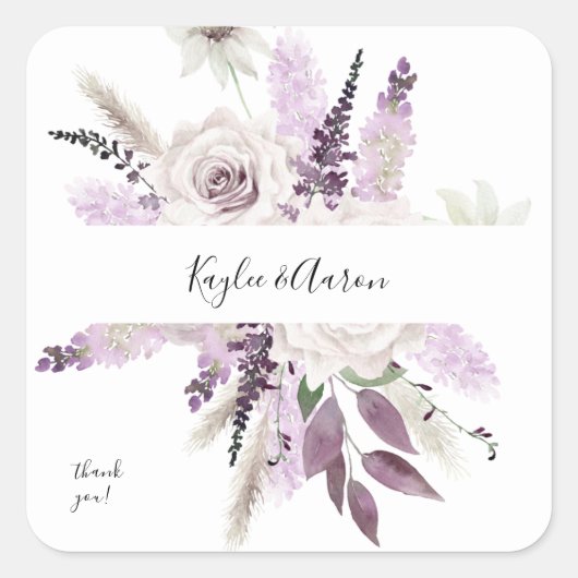 Lavender Paars Floral Hartelijk dank Vierkante Sticker (Voorkant)
