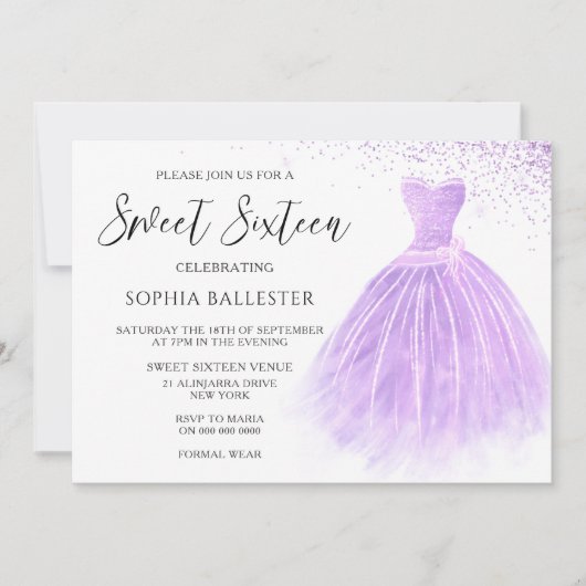 Lavender Paars Glitter Gown Sweet 16 Party Kaart (Voorkant)