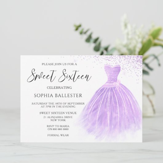 Lavender Paars Glitter Gown Sweet 16 Party Kaart (Staand voorkant)