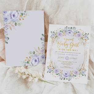 Lavender Paars Gold Floral Baby Girl Shower Kaart