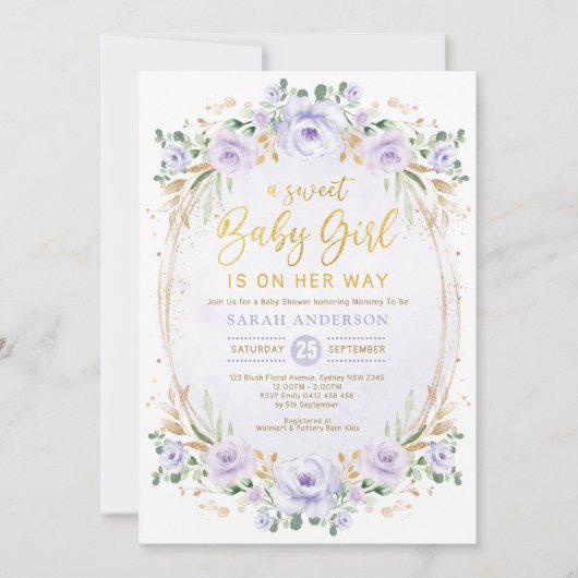 Lavender Paars Gold Floral Baby Girl Shower Kaart (Voorkant)